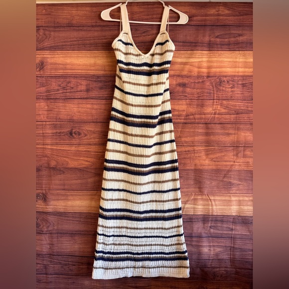 Freshman Womens Striped Crochet Knit Midi Dress White Navy Tan V-Neck Large - Picture 3 of 9
